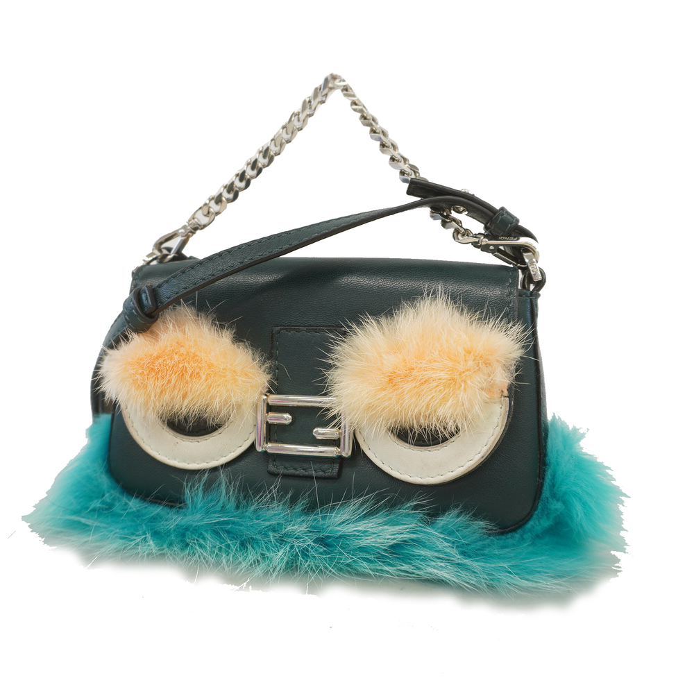 Auth FENDI POUCH MONSTER LEATHER/FUR GREEN SILVER metal